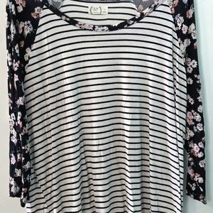 Maurices Black and White Striped Floral Sleeve Top